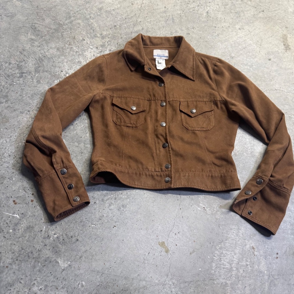 Biscote VTG Y2k Snap Button Suede Brown Crop Shacket Sz 2 Western Indie Retro
